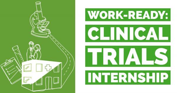 Clinical Trials Internship text next to an illustration of a microscope leading to a hospital and two clinicians